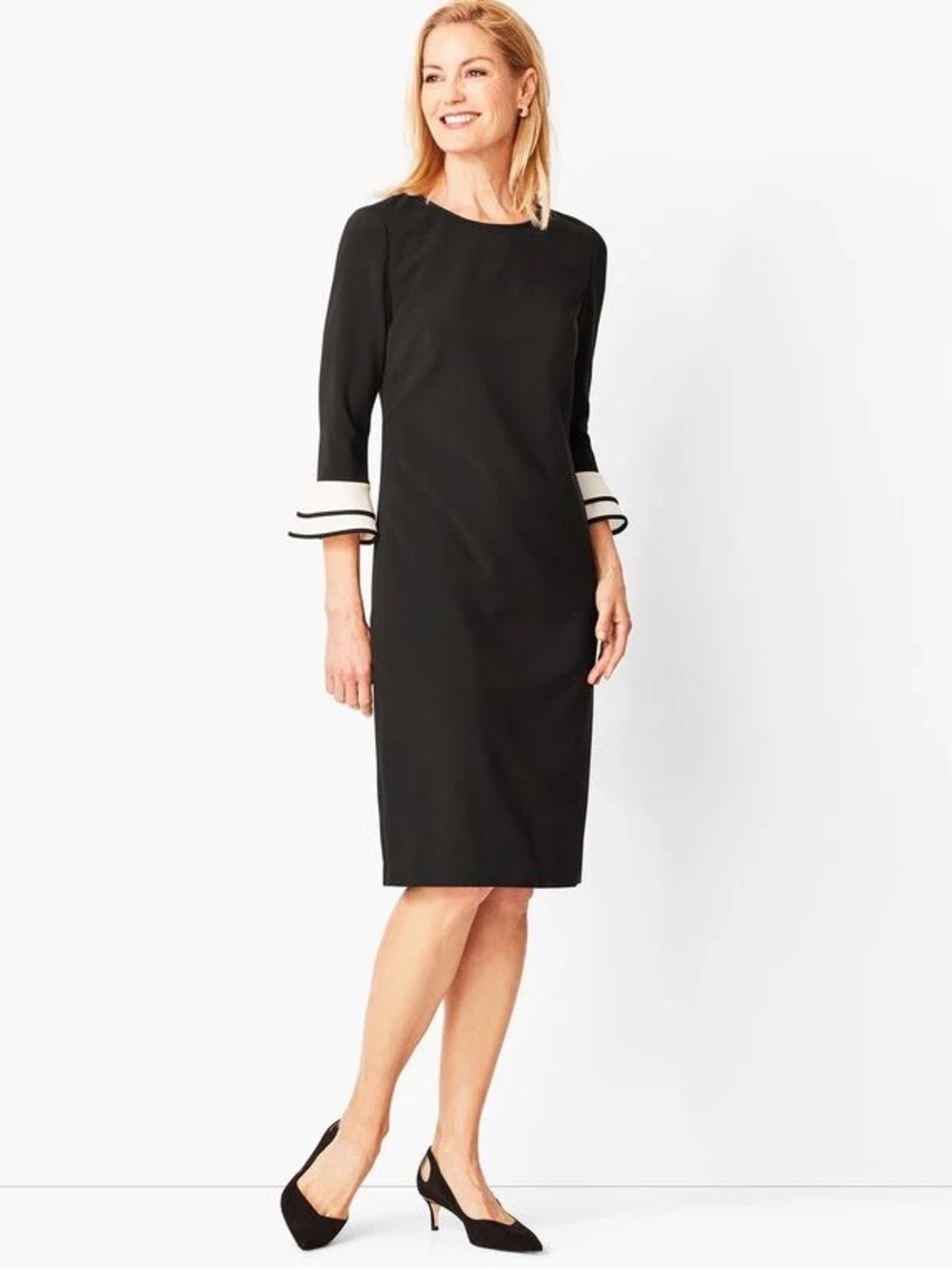 Talbots artful shift dress Black Sheath Contrast Bell Cuffs size 14 business